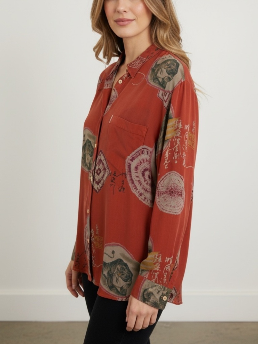 Citron - Silk Chinese Dragon Calligraphy Long Sleeve Button Front Blouse Medium
